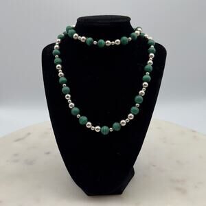 Vintage Tiffany & Co. Green Malachite Sterling Silver Beads 30" Necklace W/ Box